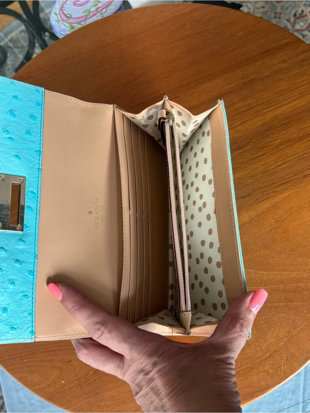 Kate Spade Turquoise Ostrich-Embossed Turn-Lock Wallet